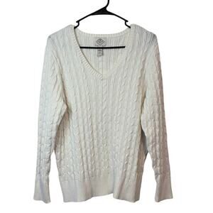 St. John’s Bay Cable Knit V-Neck Sweater Size 2X White Preppy Fisherman Academia